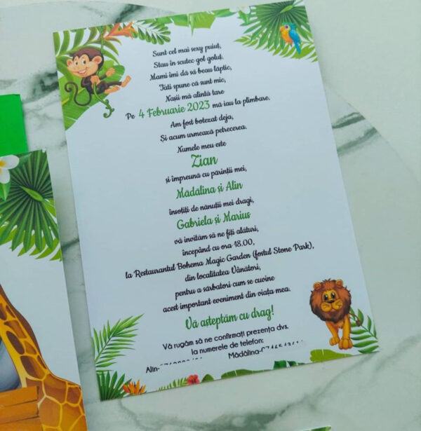 invitație de botez jungle, invitație de botez safari, invitație de botez junglă