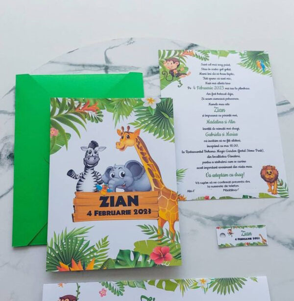 invitație de botez jungle, invitație de botez safari, invitație de botez junglă