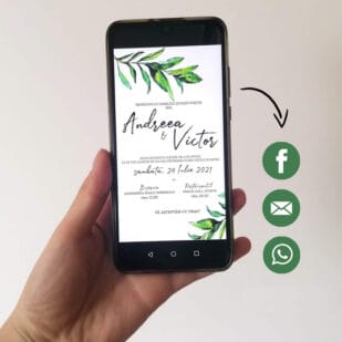 Invitatie de nunta digitala frunze verzi