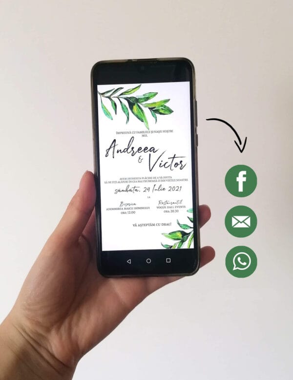 Invitatie de nunta digitala frunze verzi