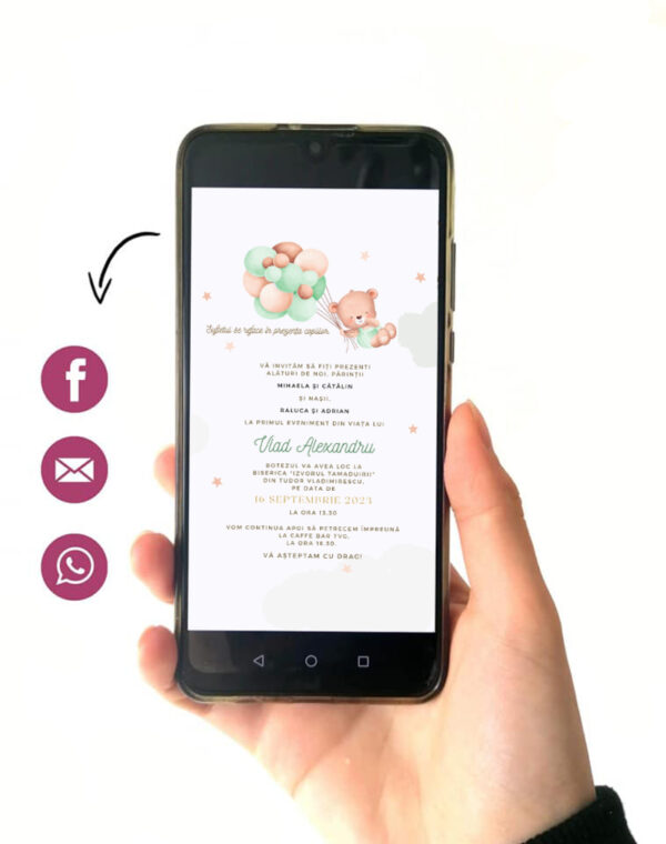 invitație botez digitală ursuleț