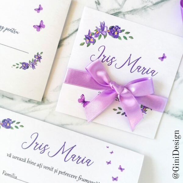 invitație de botez iris, invitație de botez florală, invitație de botez fetiță