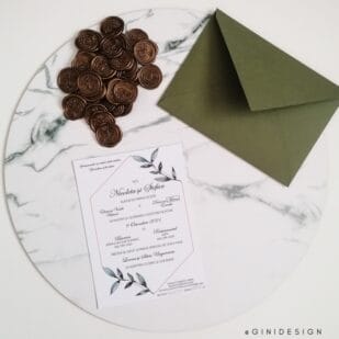 invitație nuntă verde olive cu sigiliu și plic manual