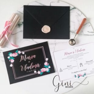 invitatie cu fundal negru, flori si sigiliu