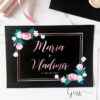 invitatie cu fundal negru, flori si sigiliu