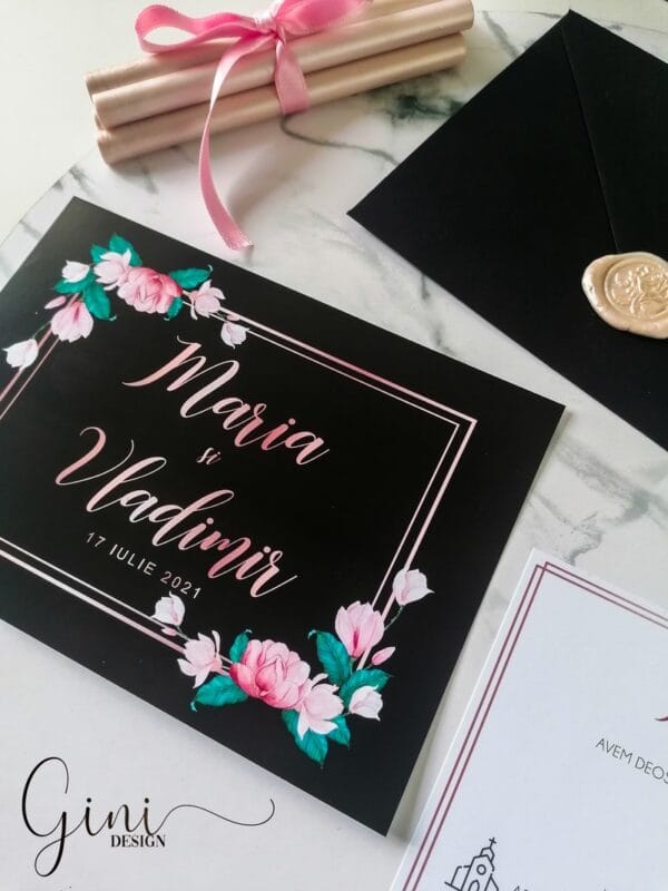 invitatie cu fundal negru, flori si sigiliu