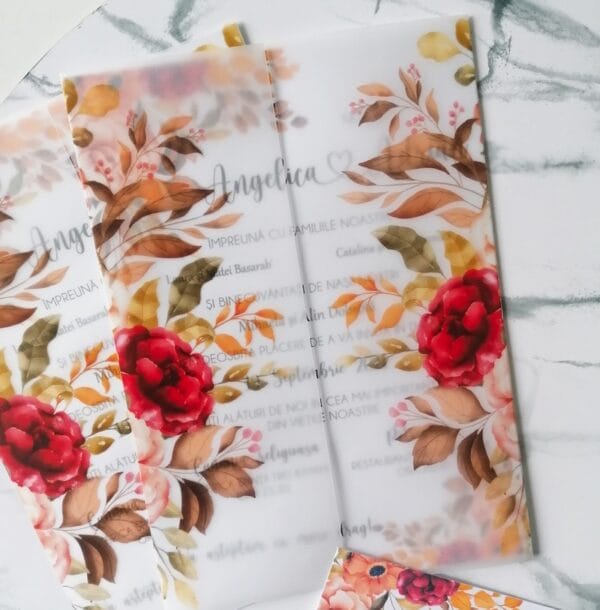 invitatie de nunta cu flori de toamna rosii