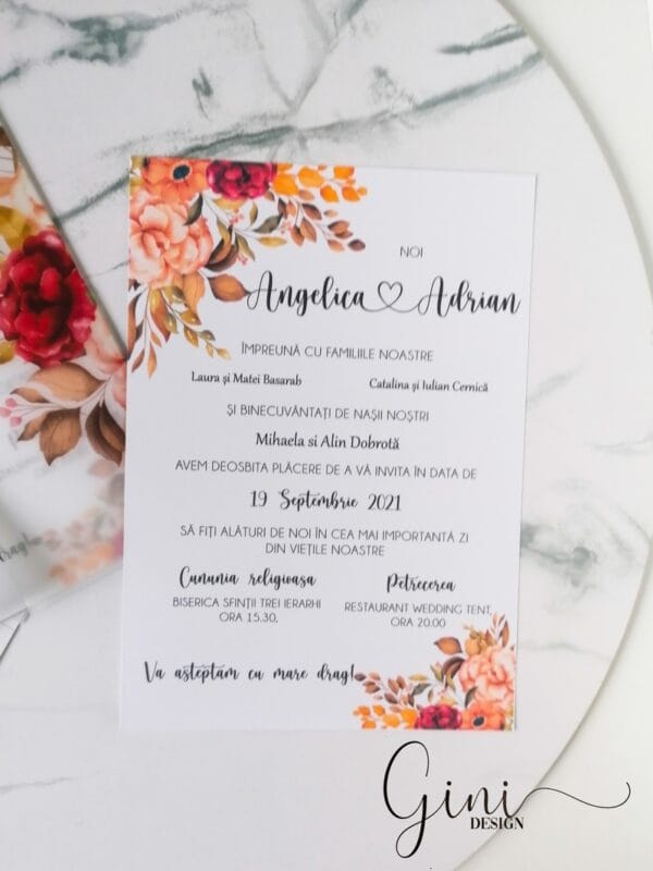 invitatie de nunta cu flori de toamna rosii