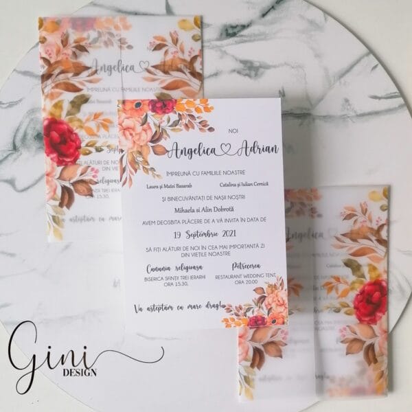 invitatie de nunta cu flori de toamna rosii