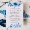 invitatie cu flori albastre, hartie de calc si sisigliu sau panglica dublu satinata