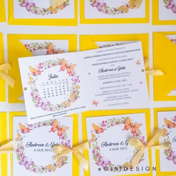 Invitatie de nunta cu fluturi galbeni