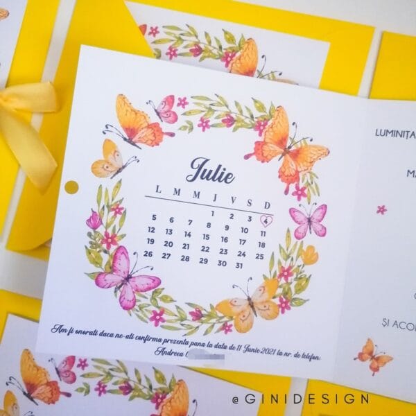 Invitatie de nunta cu fluturi galbeni