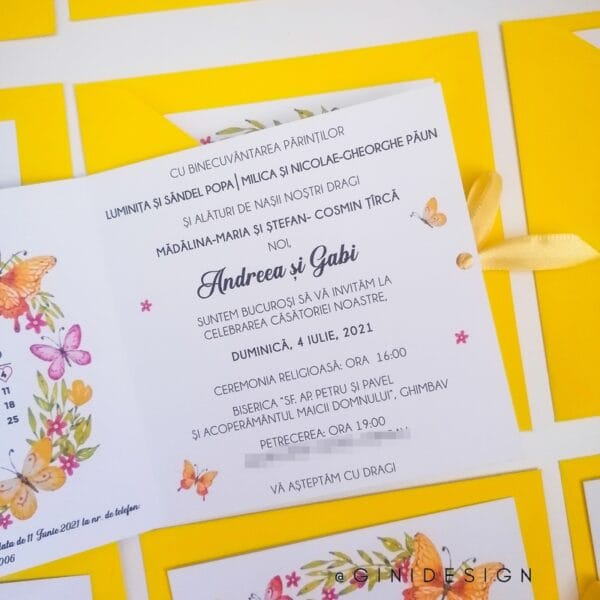 Invitatie de nunta cu fluturi galbeni