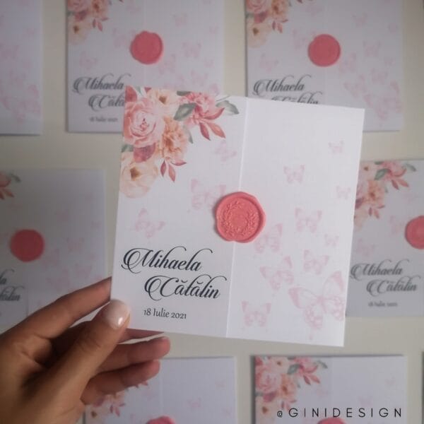 invitatie de nunta cu florii, fluturi si sigiliu