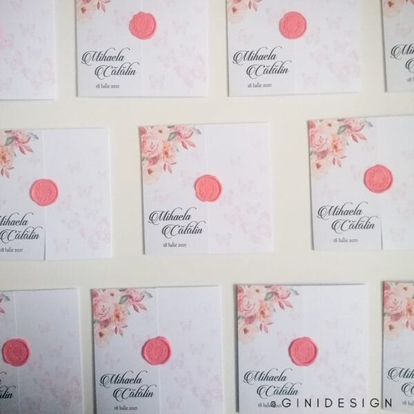 invitatie de nunta cu florii, fluturi si sigiliu