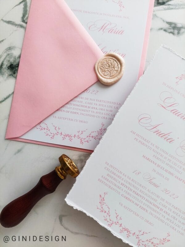 invitație nuntă roz pastel cu sigiliu