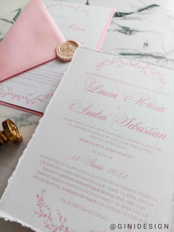 invitație nuntă roz pastel cu sigiliu