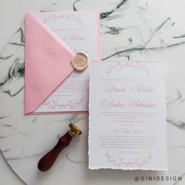 invitație nuntă roz pastel cu sigiliu