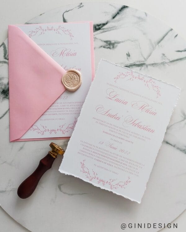 invitație nuntă roz pastel cu sigiliu