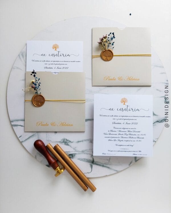 invitatie de nunta cu sigiliu cu flori uscate, model gri