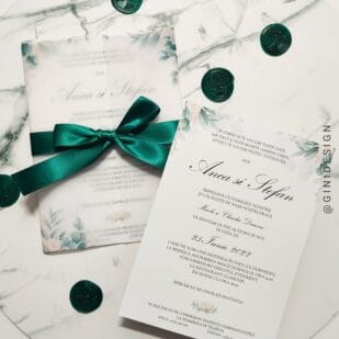 invitatie nunta botanica, invitatie nunta cu frunze, invitatie nunta verde, invitatie cu sigiliu, invitatie cu panglica