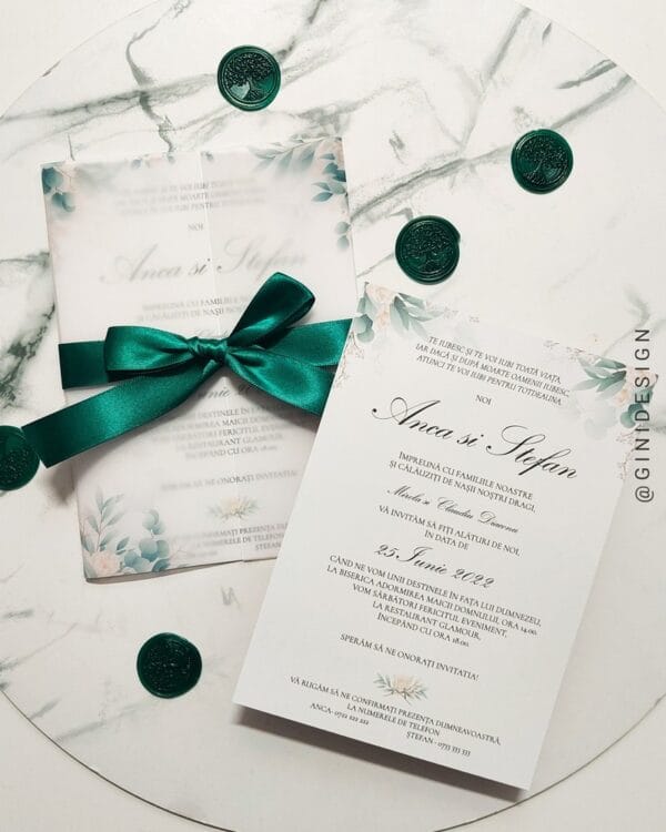 invitatie nunta botanica, invitatie nunta cu frunze, invitatie nunta verde, invitatie cu sigiliu, invitatie cu panglica