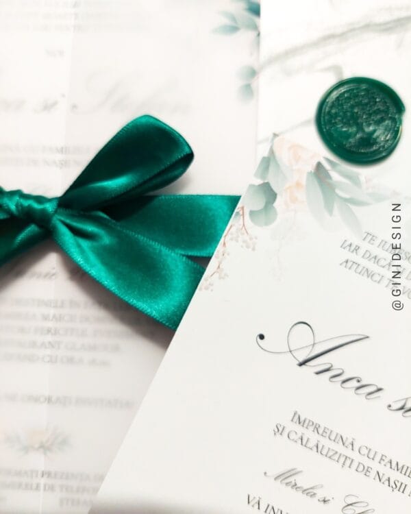 invitatie nunta botanica, invitatie nunta cu frunze, invitatie nunta verde, invitatie cu sigiliu, invitatie cu panglica