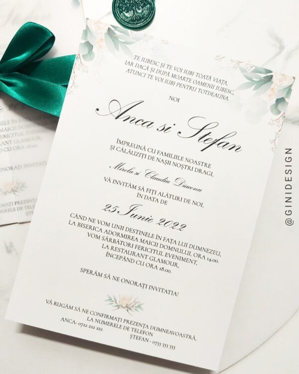 invitatie nunta botanica, invitatie nunta cu frunze, invitatie nunta verde, invitatie cu sigiliu, invitatie cu panglica