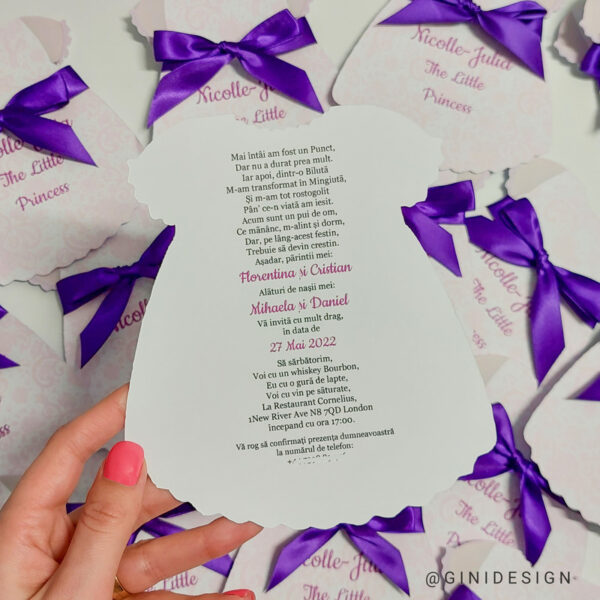 invitație de botez rochiță, invitație de botez fetiță, invitație de botez cu panglică