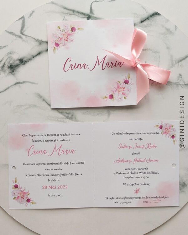 invitatie de botez crini, invitatie botez, invitatie panglica, invitatie botez fete
