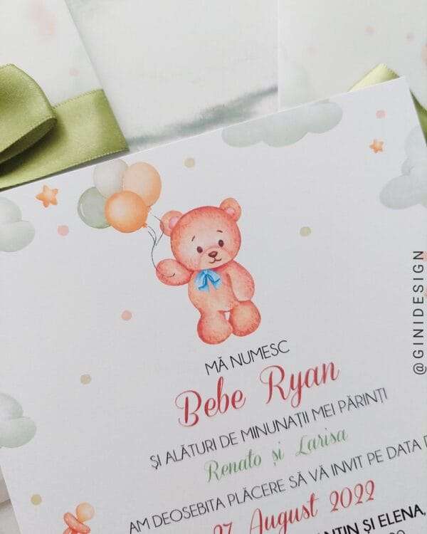 invitație botez ursuleț olive green