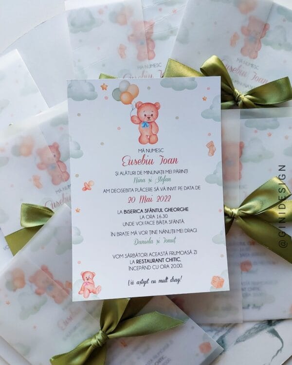 invitație botez ursuleț olive green