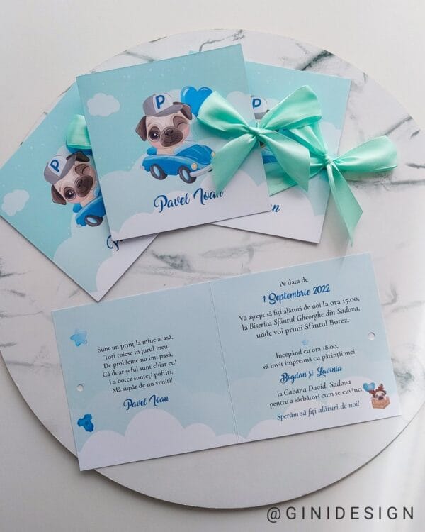 Invitație de botez cățel verde mint