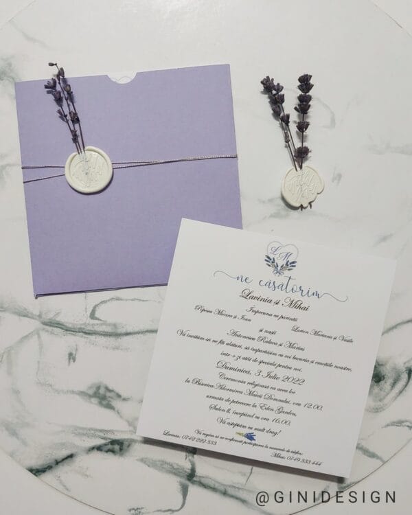 invitatie de nunta cu lavanda, sigiliu cu flori uscate, lila, mov