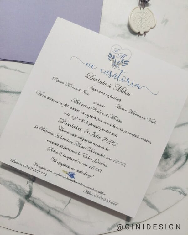 invitatie de nunta cu lavanda, sigiliu cu flori uscate, lila, mov