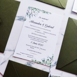 invitație nuntă greenery cu plic manual