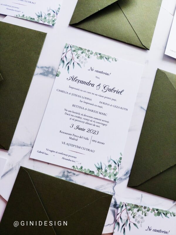 invitație nuntă greenery cu plic manual