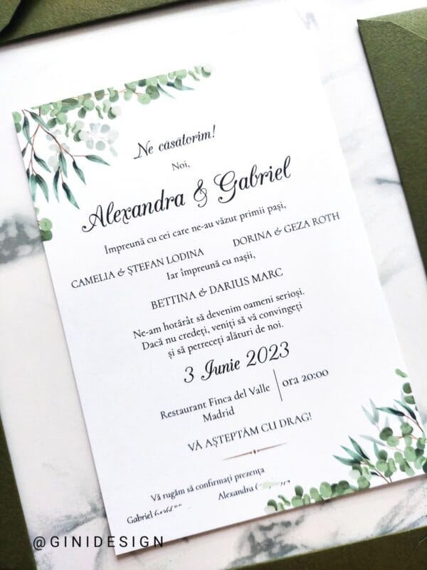 invitație nuntă greenery cu plic manual
