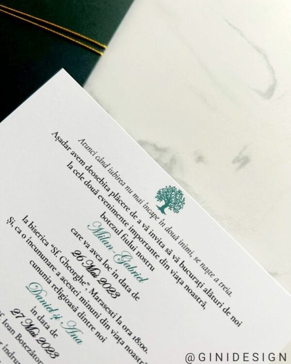 Invitatie nunta verde smarald cu sigiliu si flori uscate