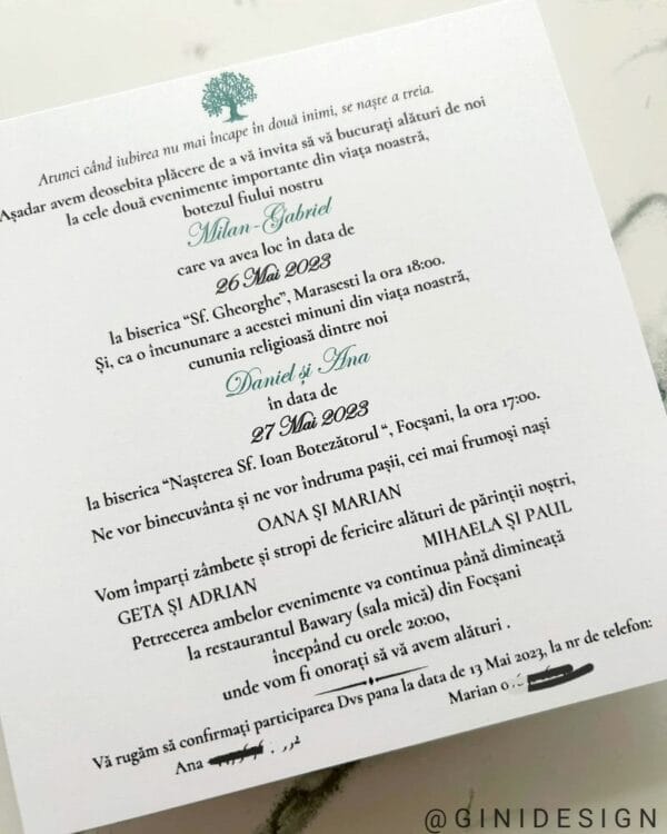 Invitatie nunta verde smarald cu sigiliu si flori uscate
