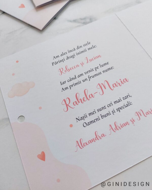 invitație de botez iepuras, invitatie de botez iepuraș roz, invitașie de botez iepuras și balon, invitație de botez cu panglică