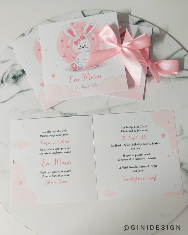 invitație de botez roz, invitație de botez iepuraș roz, invitație de botez iepuraș