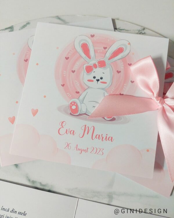 invitație de botez roz, invitație de botez iepuraș roz, invitație de botez iepuraș