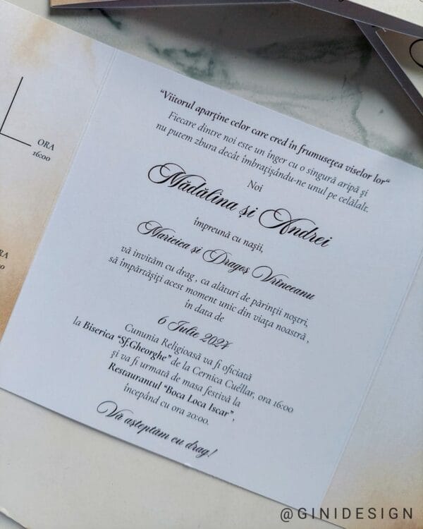 invitatie de nunta crem bej cu panglica