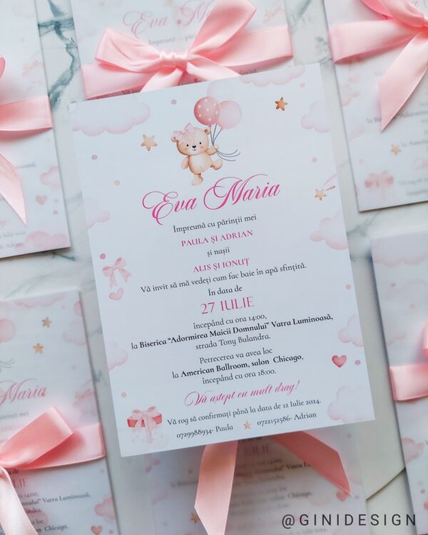 invitatie botez ursulet roz, invitatie de botez cu sigiliu, invitatie de botez cu panglică, invitație cu ursuleț si baloane, invitație cu baloane