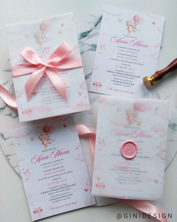 invitatie botez ursulet roz, invitatie de botez cu sigiliu, invitatie de botez cu panglică, invitație cu ursuleț si baloane, invitație cu baloane
