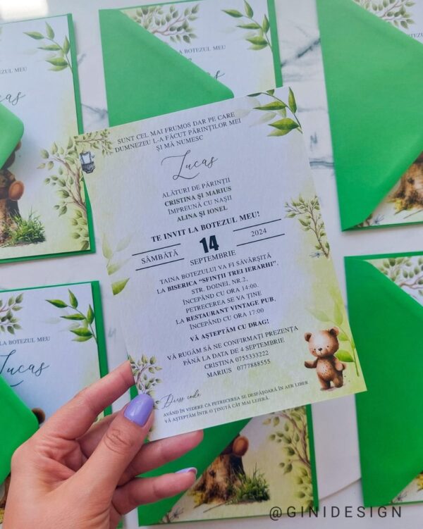invitatie de botez cu ursulet, invitatie natura, invitatie botez padure, invitatie botez baiat