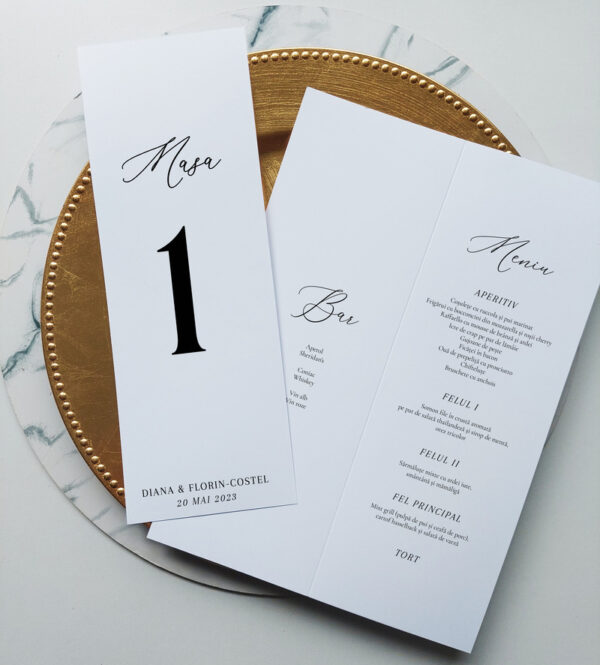 meniu nuntă minimalist 2 in 1 număr de masă