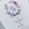 Invitație nuntă coroniță liliac cu panglică dublu satinată și plic manual